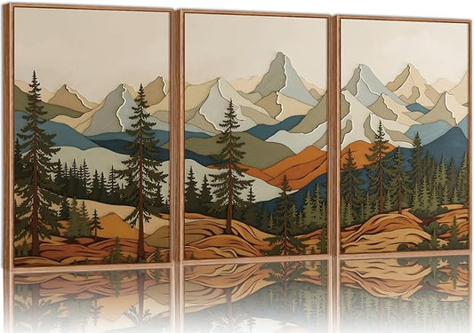 SIGNINART Vintage Mountains Framed Canvas Wall Art, Wooden Forest Wall Decor, Green Wood Pine Trees Wilderness Artwork, Metal Ridge Landscape Art Paintings for Living Room Bedroom Office 16"x24"x3