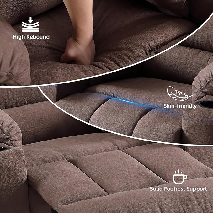 Rocker Recliner Chair with Heat and Massage, 360° Swivel Recliner Chairs for Adults, Heavy Duty Reclining Sofa Chair with USB Port Cup Holders Side Pockets for Living Room (Brown)