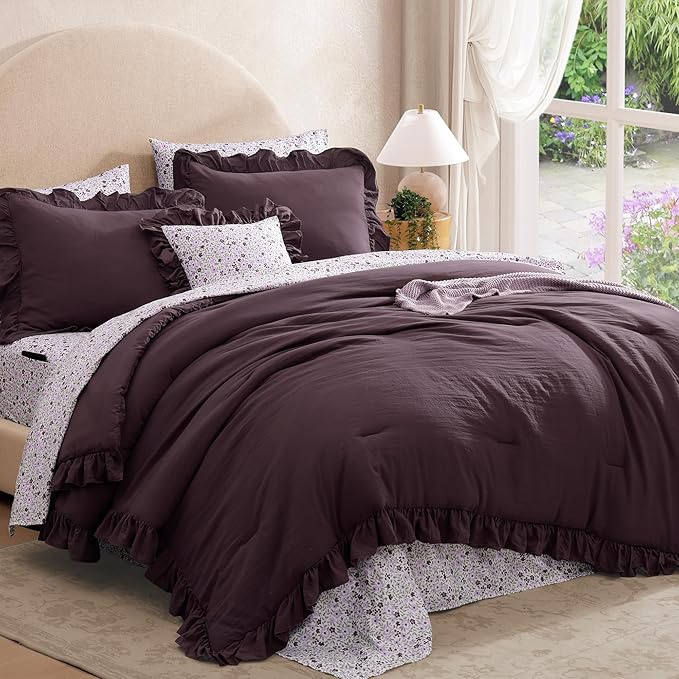 King Comforter Set - 7 Pieces Ruffle Purple Bedding Sets, Shabby Chic Farmhouse Bed in a Bag King with Ruffle Comforter, Floral Sheets, Pillowcases & Shams
