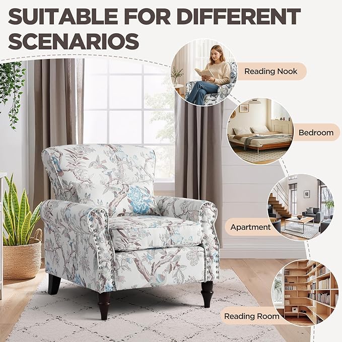 Wingback Accent Chair with Removable Pillow, High Back Floral Armchair with Solid Wood Legs & Nailhead Trim, Comfy Upholstered Reading Single Sofa Chair for Bedroom (1, Bird Floral Pattern)