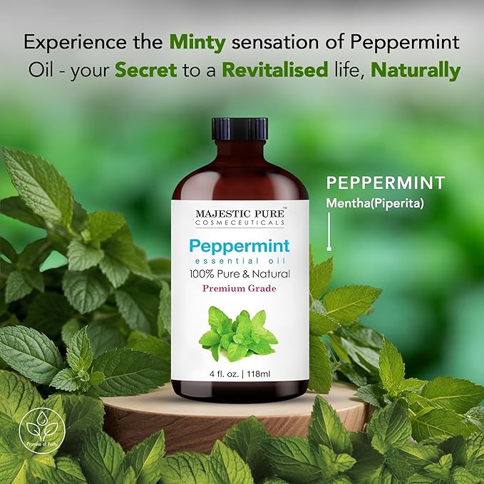 Majestic Pure Peppermint Essential Oil with Glass Dropper - Huge 4 Fl Oz - 100% Pure and Natural Peppermint Oil - Premium Grade Essential Oils for Diffuser, Aromatherapy, Soap and Candle Making