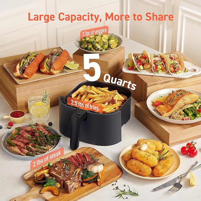 COSORI Air Fryer Pro 9-in-1, Compact 5QT, 450โ: Half Time & Chef-Grade Cook, One-Wipe Clean Glass Panel, 130+ In-App Recipes with Nutritional Info, Nonstick & Dishwasher-Safe Basket, Ceramic, Gray