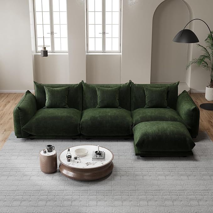 Modern Minimalist Chenille Modular Sectional Sofa, Deep-Seat 3-Seater L-Shaped Couch with Movable Ottoman and Thick Cushions, Upholstered Sofa for Living Room, Bedroom, Office, Apartment(Green L Sofa)