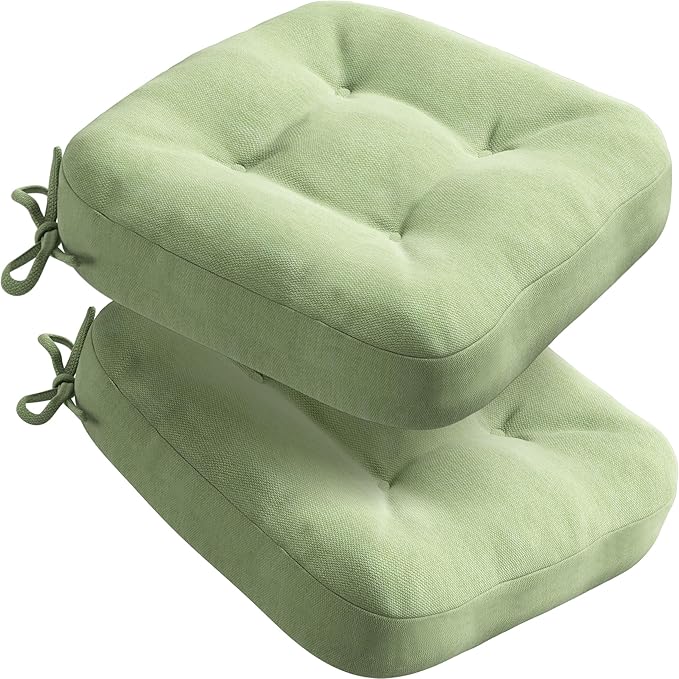 Codi Dining Chair Cushions 2 Pack, Thick Chairs Pads for Indoor Kitchen Room - Washable, Non-Slip Memory Foam Seat Cushion with Ties, 16.5"x16.5"x 3.5", Set of 2, Sage