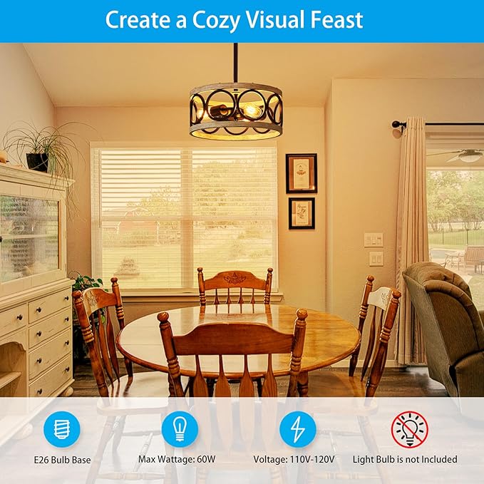 XINGQI White Chandelier 3-Light Modern Ceiling Light Rustic Wood Grain Adjustable Height Pendant Lighting Fixture 13" Round Metal Lamp for Dining Room Kitchen Bedroom Foyer Hallway