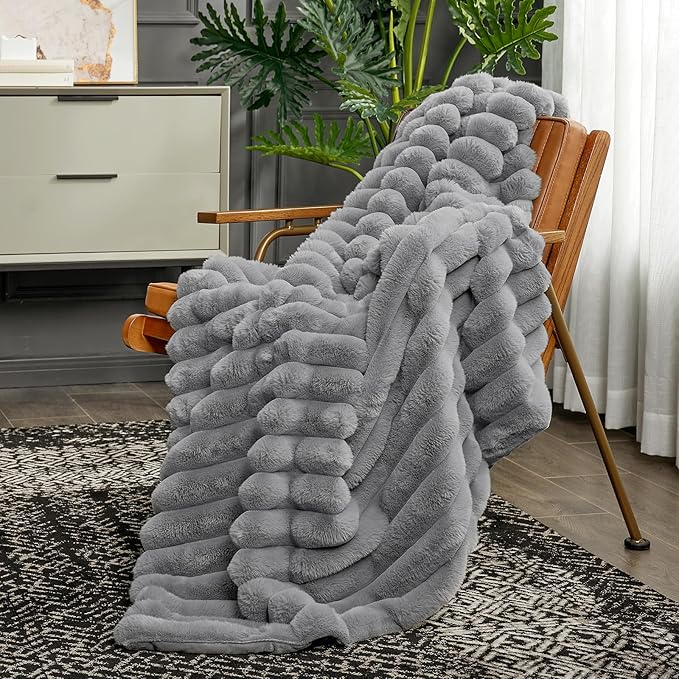 Cozy Bliss Faux Fur Throw Blanket for Couch, Cozy Warm Plush Striped Blanket for Sofa Bedroom Living Room,50 * 60 Inches Grey
