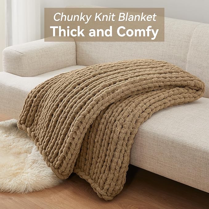 Chunky Knit Throw Blanket, 40''*50'' Knitted Throw Chenille Yarn for Bed Couch, Handmade Light Brown Crochet Big Thick Blanket, Machine Washable Cute Comfy Blanket for Home Decor