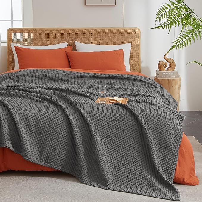 PHF Ultra Soft Waffle Weave Blanket King Size 104"x 90"- Washed Lightweight Breathable Cozy Woven Blanket for Bed - Aesthetic Decor for Couch Bedding Sofa Home Car - Grey