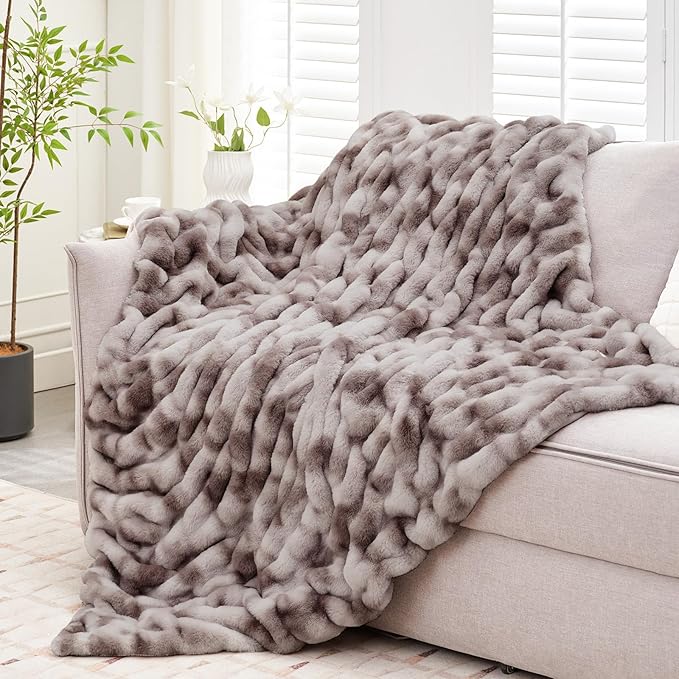 Ultra Soft Luxury Faux Fur Throw Blanket for Counch,Fuzzy Fluffy Plush Warm Cozy Elegant Wrinkled Blanket for Sofa Bedroom Living Room,(50"x60",Tie-dye Taupe)