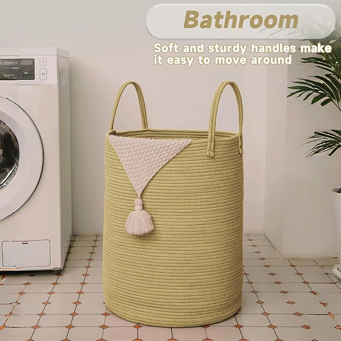 Large Woven Laundry Basket Hamper,60L Cotton Rope Storage Bin for Blankets,Toys and Clothes,Decorative Tall Nursery Hamper for Living Room,Baby Nursery,Bathroom and Bedroom,Jute