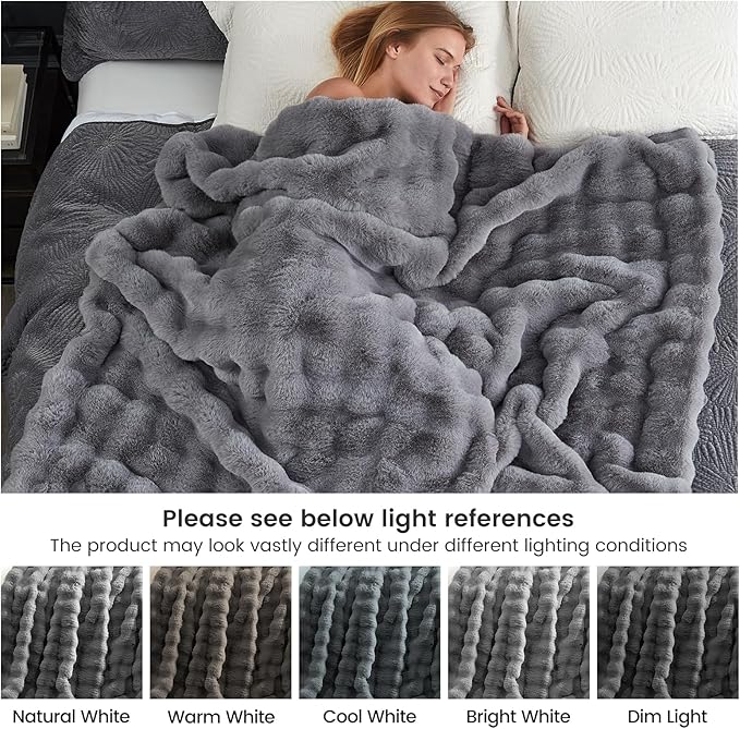 Cozy Bliss Faux Fur Throw Blanket for Couch, Fuzzy Soft Plush Thick Bubble Blanket for Sofa Bedroom Living Room, 108 * 90 Inches Light Grey