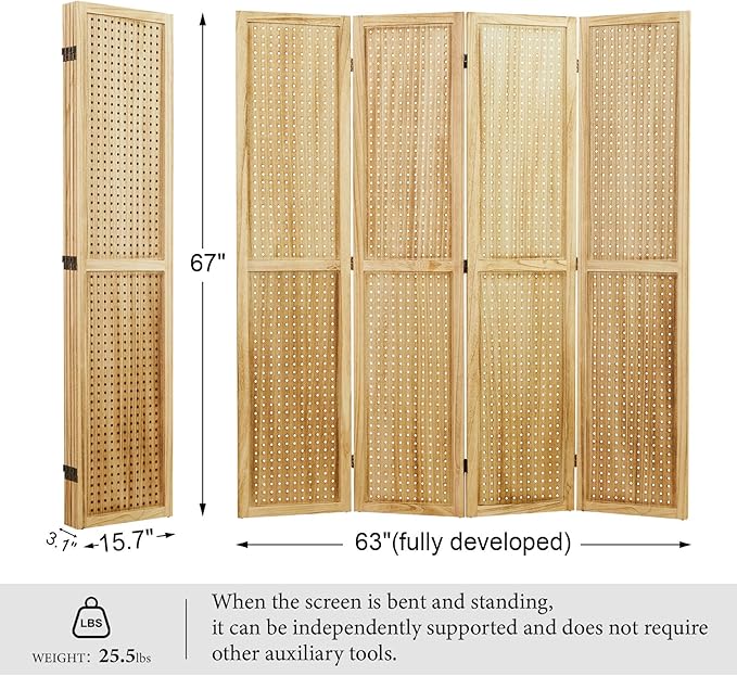 Room Divider Freestanding Folding Pegboard Privacy Screen | 4-Panel Display Stand for Jewelry, Craft Shows, Retail | Natural Wood, Portable & Space-Saving Design (Natural)