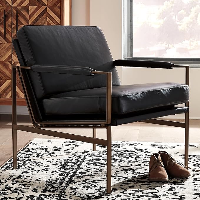 Signature Design by Ashley Puckman Mid-Century Modern Leather Accent Chair, Black