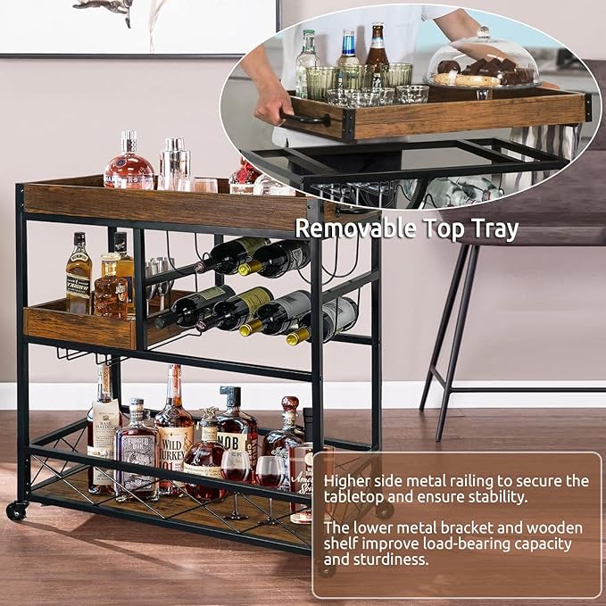 Vintage Bar Cart with Removable Tray and Wheels, Mobile Home Bar Serving Cart with Wine Rack, Glass Holder and Storage Shelves, 3-Tier Rolling Beverage Cart for Home or Patio
