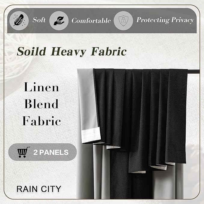 RAIN CITY Extra Wide Blackout Curtains 70 x 84 Inch Long, Linen Blend Black Out Pleated Curtains 2 Panels Set, Back Tab Pocket Textured Curtain for Home Office Patio Sliding Glass Door