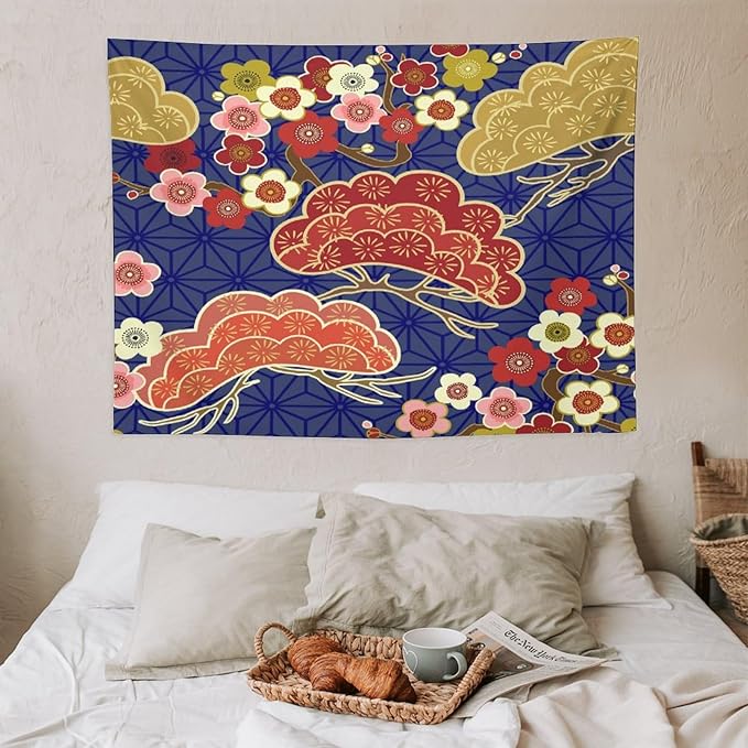 HZOHNAGO Japanese Tapestry Art Abstract Colorful Cherry Blossom Blue Background Pattern Printed Wall Tapestry Painting Wall Hanging for Bedroom Living Room Dorm 40" W x 30" H