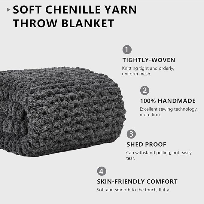 L'AGRATY Chunky Knit Blanket Throw - Soft Chunky Throw Blanket 30x40: 100% Hand Kintted Chenile Crochet Throw Blanket for Couch - Large Cable Knit Chunky Blanket for Home Decor(Dark Grey)