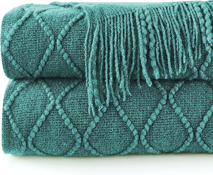inhand Knitted Throw Blankets for Couch and Bed, Soft Cozy Knit Blanket with Tassel, Blue Lightweight Decorative Blankets and Throws, Farmhouse Warm Woven Blanket for Men and Women, 60"x80"