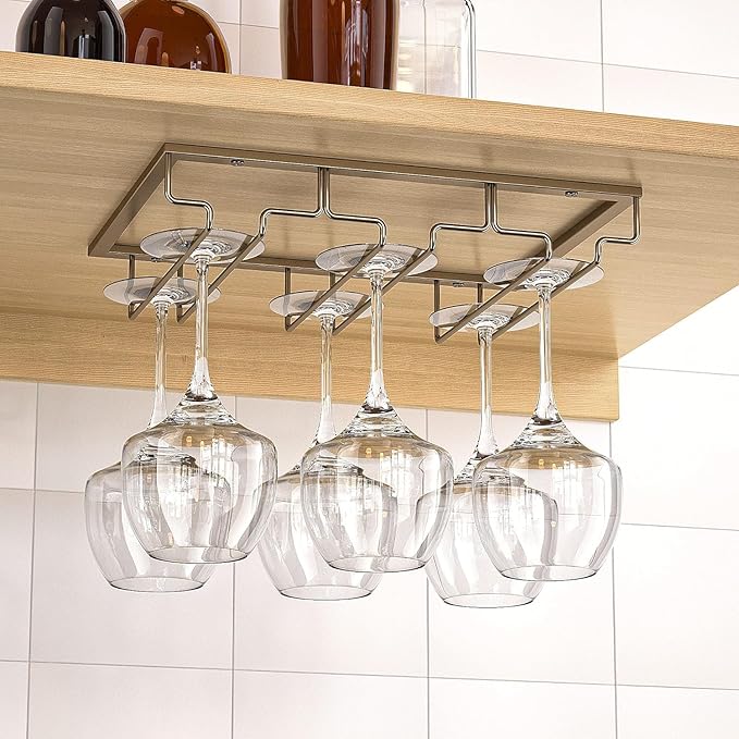 Wine Glass Rack - Under Cabinet Stemware Wine Glass Holder Glasses Storage Hanger 2 Pack Metal Organizer for Bar Kitchen Gold