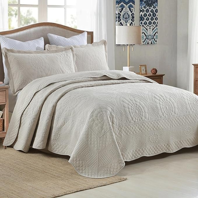 MarCielo 3-Piece 100% Cotton Oversized Bedspread Lightweight Quilt Coverlet Embroidery Farmhouse Bedding (Tf Khaki Beige, Oversized King (118"x106"))