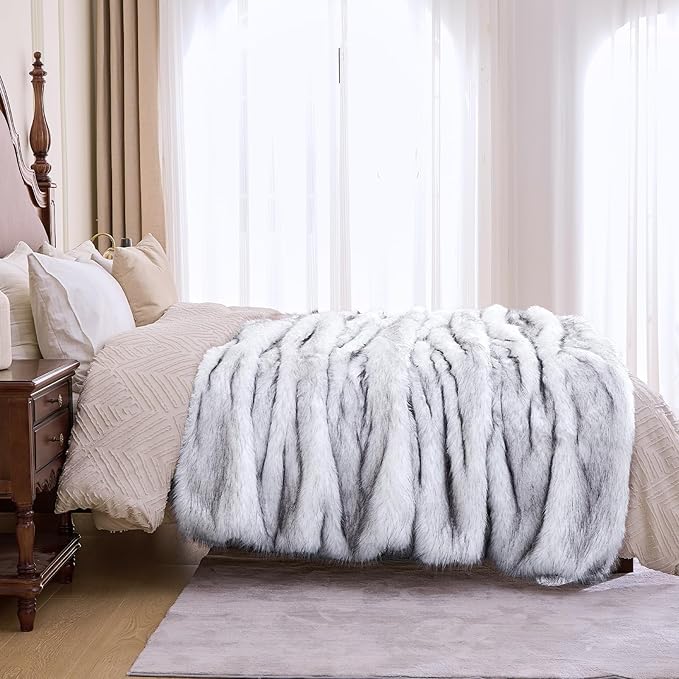 Fluffy Faux Fur Throw Blanket – Super Soft Warm Thick Plush Blanket for Bed, Couch & Office, Cozy Fuzzy Throw with Flannel Backing,50"x60", White