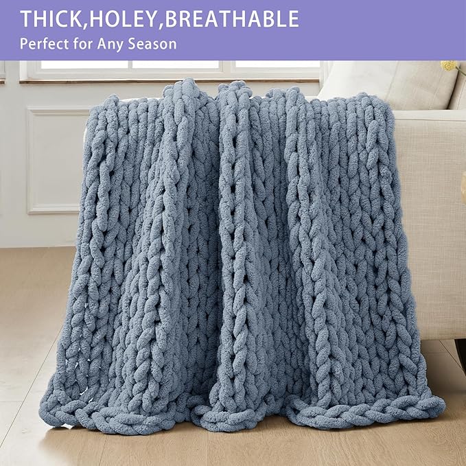 Bigacogo Chunky Knit Throw Blanket for Couch, 40x40 inches, 100% Hand Knitted with Thick Jumbo Chenille Yarn, Cozy Soft Large Rope Knot Cable Crochet Blankets for Sofa Bed Living Room, Cold Sea Blue