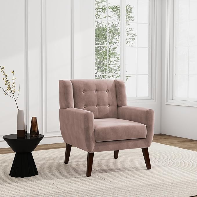 UIXE Accent Chair, Velvet Upholstered Armchair for Living Room, Modern Club Arm Chairs Comfy Single Sofa Button Tufted Bedroom Reading Seat - Skin Pink, Set of 1