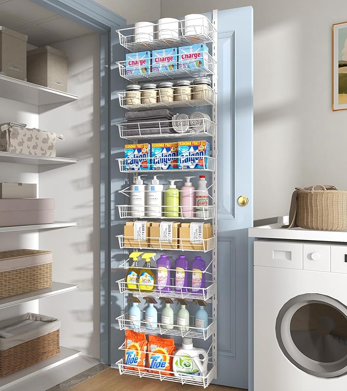 White 10-Tier Over The Door Pantry Organizer, Pantry Organization and Storage, Metal Hanging Adjustable Basket, Wall Spice Rack Seasoning Shelves, Home & Kitchen Essentials