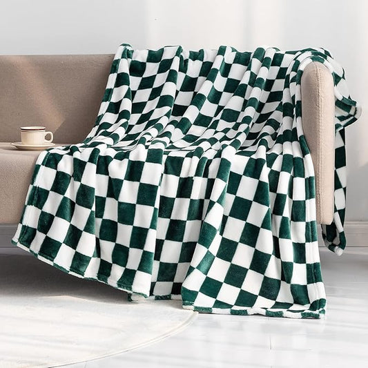 LOMAO Throw Blankets Flannel Blanket with Checkerboard Grid Pattern Soft Throw Blanket for Couch, Bed, Sofa Luxurious Warm and Cozy for All Seasons (Green, 90"x90")