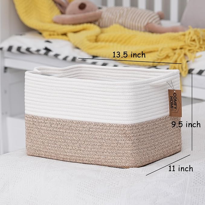 COMFY-HOMI Cotton Rope Woven Basket with Handles for Shelves,Toys,Book, Cloth Storage Baskets for Organizing-13.5" x 11" x 9.5" Toy Decorative Organizer for Living Room, Bathroom (White/Brown)
