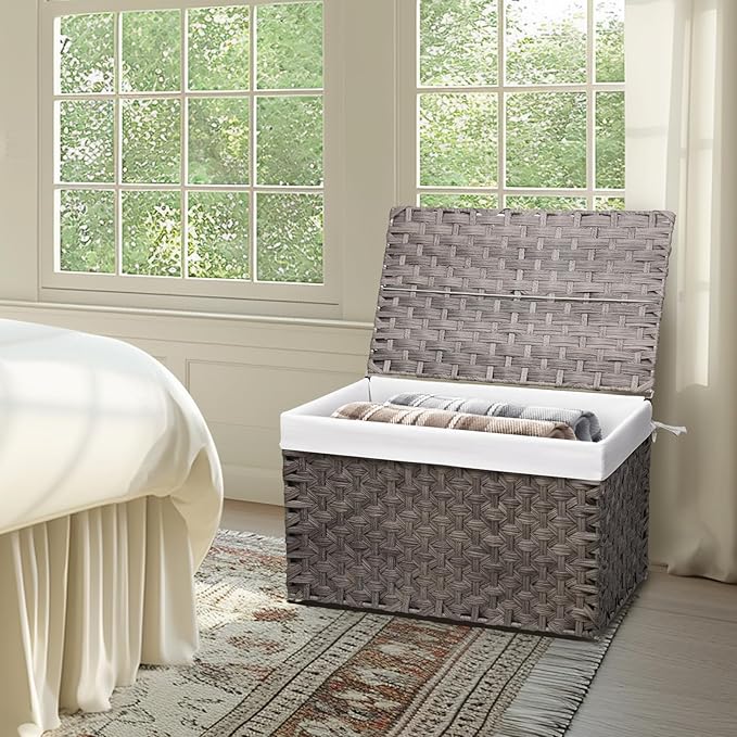 Wicker Storage Basket with Lid, 42.3 Gallon (160L) Large Blanket Basket with Lid, Woven Storage Bin with Handles, Removable Liner, Metal Frame, Foldable, for Bedroom, Laundry Room, Grey