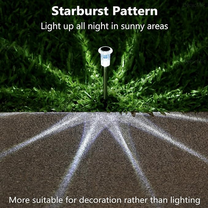 DenicMic Solar Lights Outdoor 10 Pack Waterproof 6000K Cold White LED Stainless Steel Stake for Pathway Yard Garden Driveway Solar Powered Outside Decor