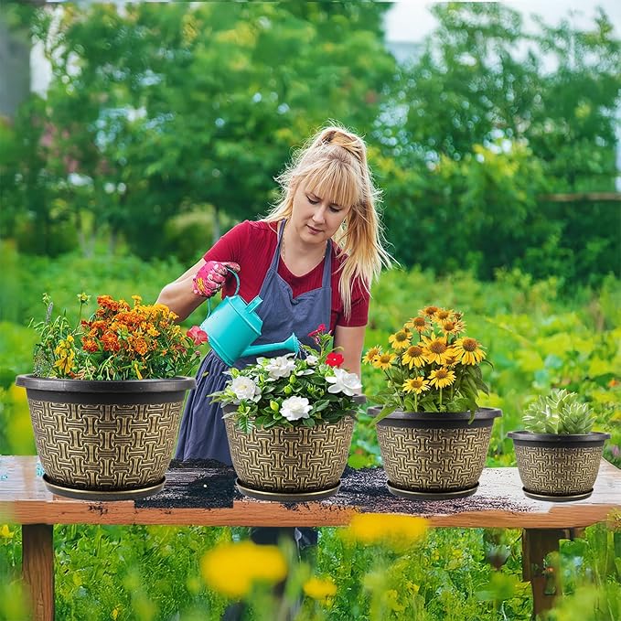 8 Inch Plant Pots, 4 Pack Flower Pot Outdoor with Drainage Holes & Trays, Retro Antique Imitation Decorative Garden Plastic Planters Pots for Plants Indoor Sets for Houseplants