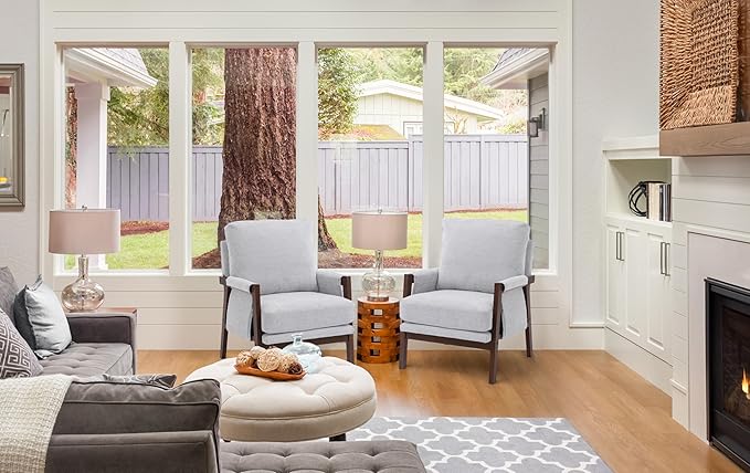 Modern Accent Chairs Set of 2 for Living Room Mid Century Arm Chairs Upholstered Bedroom Chairs Comfy Lounge Chairs with Solid Wood Frame, White