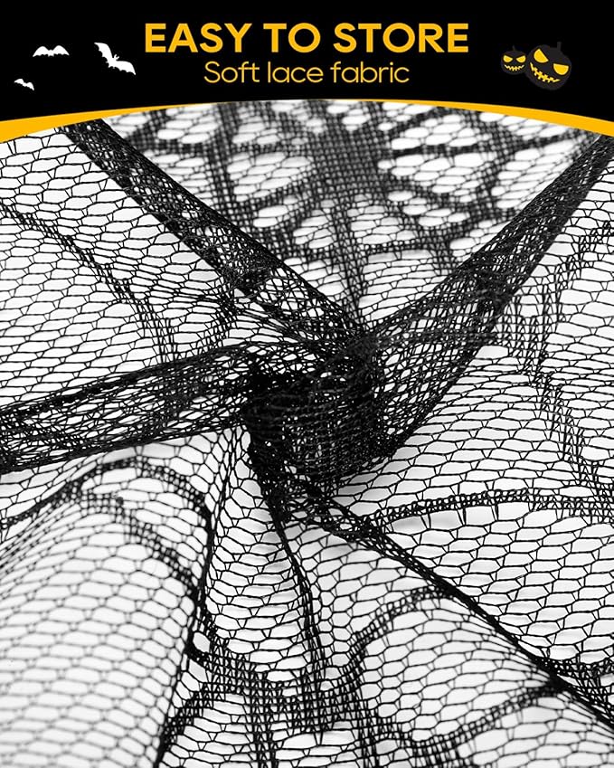 eZAKKA Halloween Table Cloth with 16 Pcs Bats Wall Decor, Spider Web Table Cloth Black Tablecloth Lace Fabric Table Cloths for Rectangle for Parties Gothic Spooky Home Decorations, 53x68 Inch