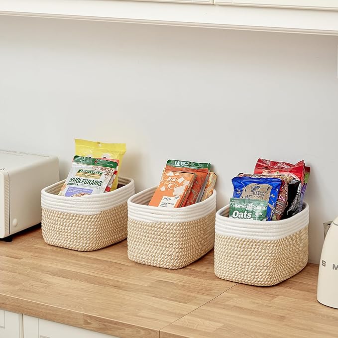 Small Cotton Rope Storage Basket Set of 3-11"x7"x7" Perfect Woven Baskets for Storage, Ideal Storage Baskets for Organizing Toys, Towels, and More - Baskets for Shelves(White & Mixed Camel)