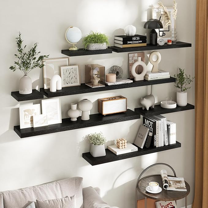 55 Inch Floating Shelves for Wall Set of 2, 8"D Wood Grain Bathroom Shelves with Invisible Brackets, Easy Install Engineered Wood Storage Shelves for Kitchen, Living Room, Bedroom, Black Finish