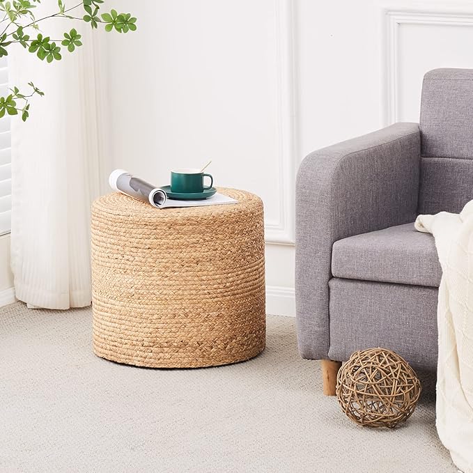 Wimarsbon 18'' Ottoman Pouf, Natural Braided Poof, Rustic Handweave Lounge Pouffe, Boho Footrest Stool for Bedroom, Accent Table or Seat for Living Room (Natural-LD)
