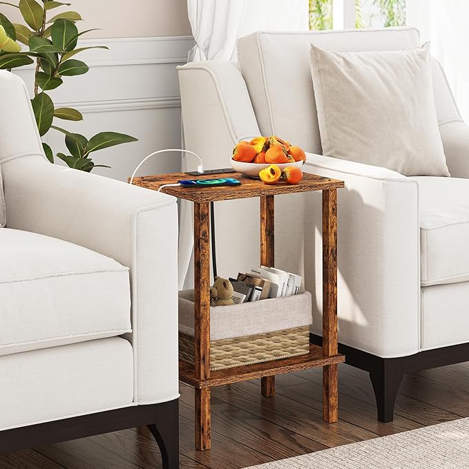 TUTOTAK End Table with Charging Station, Small Side Table with Outlets, Nightstand Bedside Table, 2-Tier Storage Shelf for Small Space, Living Room, Bedroom, Brown TB01BB040C