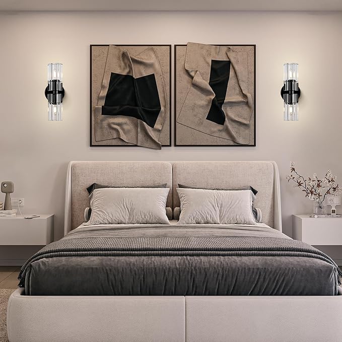 Black Crystal Wall Sconces Set of Two, Wall Sconce Set of 2, Black Sconces Wall Lighting with K9 Crystal Lampshade, Wall Lights for Bedroom Living Room Bathroom Hallway