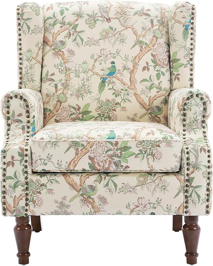 UIXE High Back Floral Accent Chair, Fabric Upholstered Armchair for Living Room, Retro Wingback Arm Chair with Solid Wood Legs, Nailhead Trim Single Sofa Bedroom Reading Seat - Bird Pattern