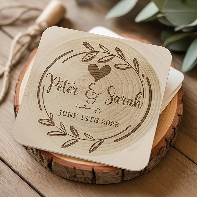 60 Pack Personalized Wedding Coasters, Custom Cardboard Coasters for Drinks with Photo Print and Text, Keepsake Wedding Favors and Gifts for Couples, 4x4 Square, Design 1