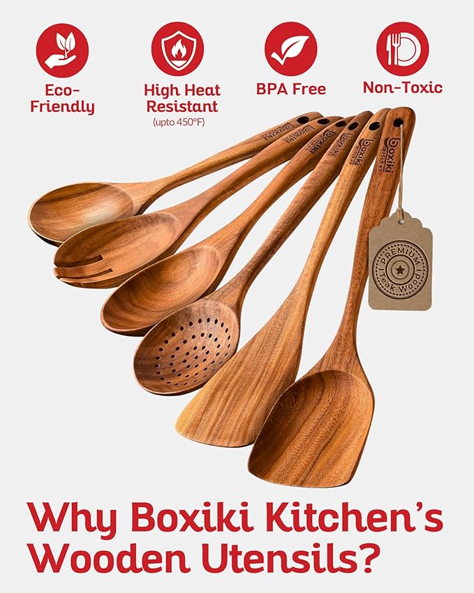 Boxiki Kitchen Luxury Teak Wood Utensil Set - Elegant 6-Piece Cooking Ensemble Including Spoons, Server, Scraper & Spatula - Expertly Crafted for Culinary Excellence