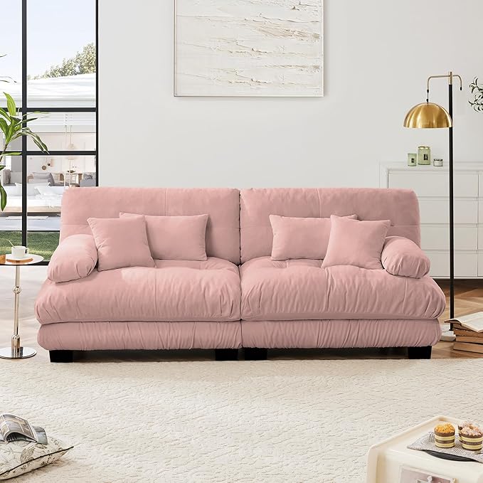 Loveseat Modular Sectional Sofa, Cloud Couch 2 Seater Sectional Couch Home Sofa Living Room Oversized Couch, Modern Deep Seat Couch with Chaise with Round Bolster Armrests 4 Pillows(Pink)