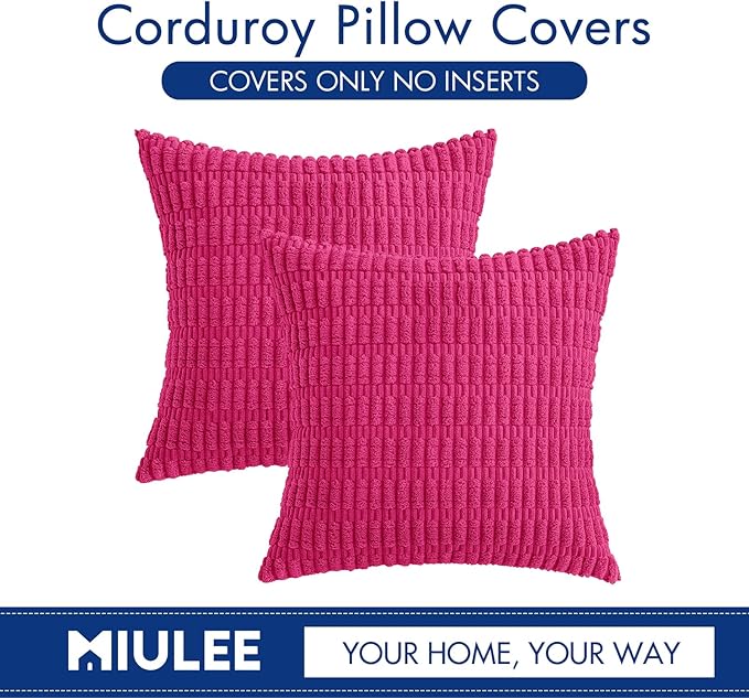 MIULEE Pack of 2 Corduroy Decorative Throw Pillow Covers 18x18 Inch Soft Boho Striped Pillow Covers Modern Farmhouse Home Decor for Sofa Living Room Couch Bed Hot Pink