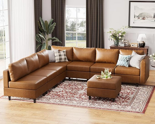 118.5" Faux Leather Modular Sectional Convertible Sofa, L Shaped Couch Set for Living Room, Large 8-Seater Comfy Cloud Couches with Movable Storage Ottoman DIY Combination - Brown