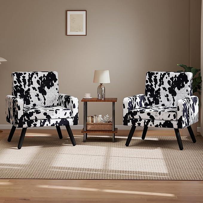 Kromax Mid-Century Modern Accent Chair Set of 2 for Living Room, 496 Lb. Weight Capacity, Dual Armrests, Comfy Extra Large Seat, Timeless Style Perfect for Reading & Relaxing, Cow Pattern