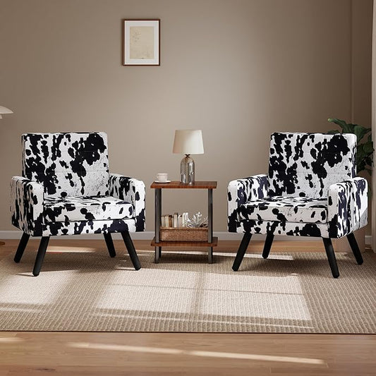 Kromax Mid-Century Modern Accent Chair Set of 2 for Living Room, 496 Lb. Weight Capacity, Dual Armrests, Comfy Extra Large Seat, Timeless Style Perfect for Reading & Relaxing, Cow Pattern