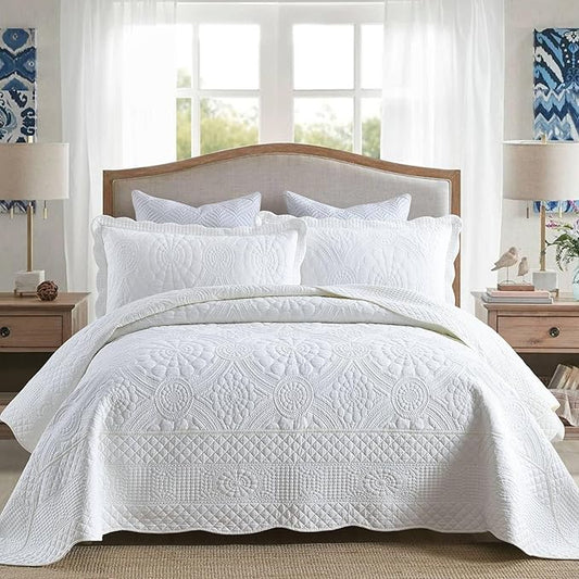 MarCielo 3-Piece 100% Cotton Oversized Bedspread Lightweight Quilt Coverlet Embroidery Farmhouse Bedding (Tf Bright White, Oversized Queen (100"x106"))