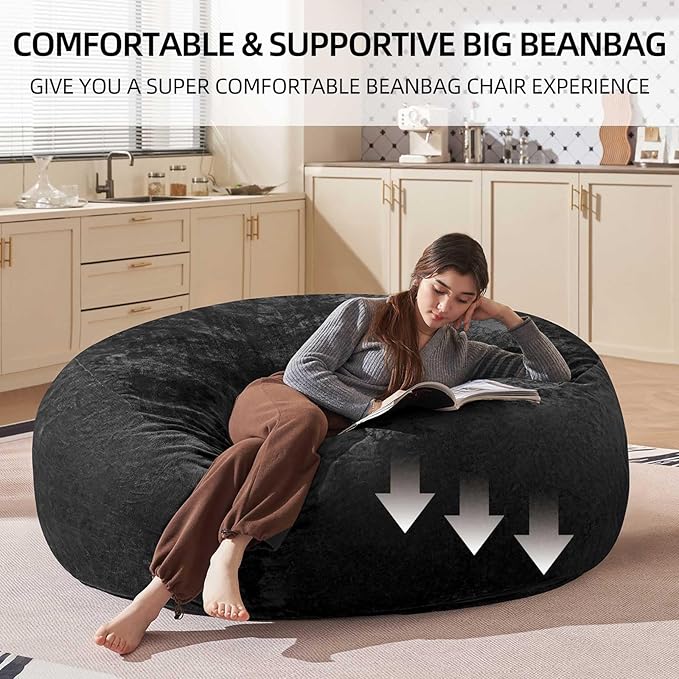 Bean Bag Chair 5Ft, Memory Foam Filled, Large Beanbag Chairs for Adults and Teens, Soft Sofa with Removable Flannel Cover, Round Couch for Living Room Bedroom College Dorm (Black, 5FT-60×60"×24")